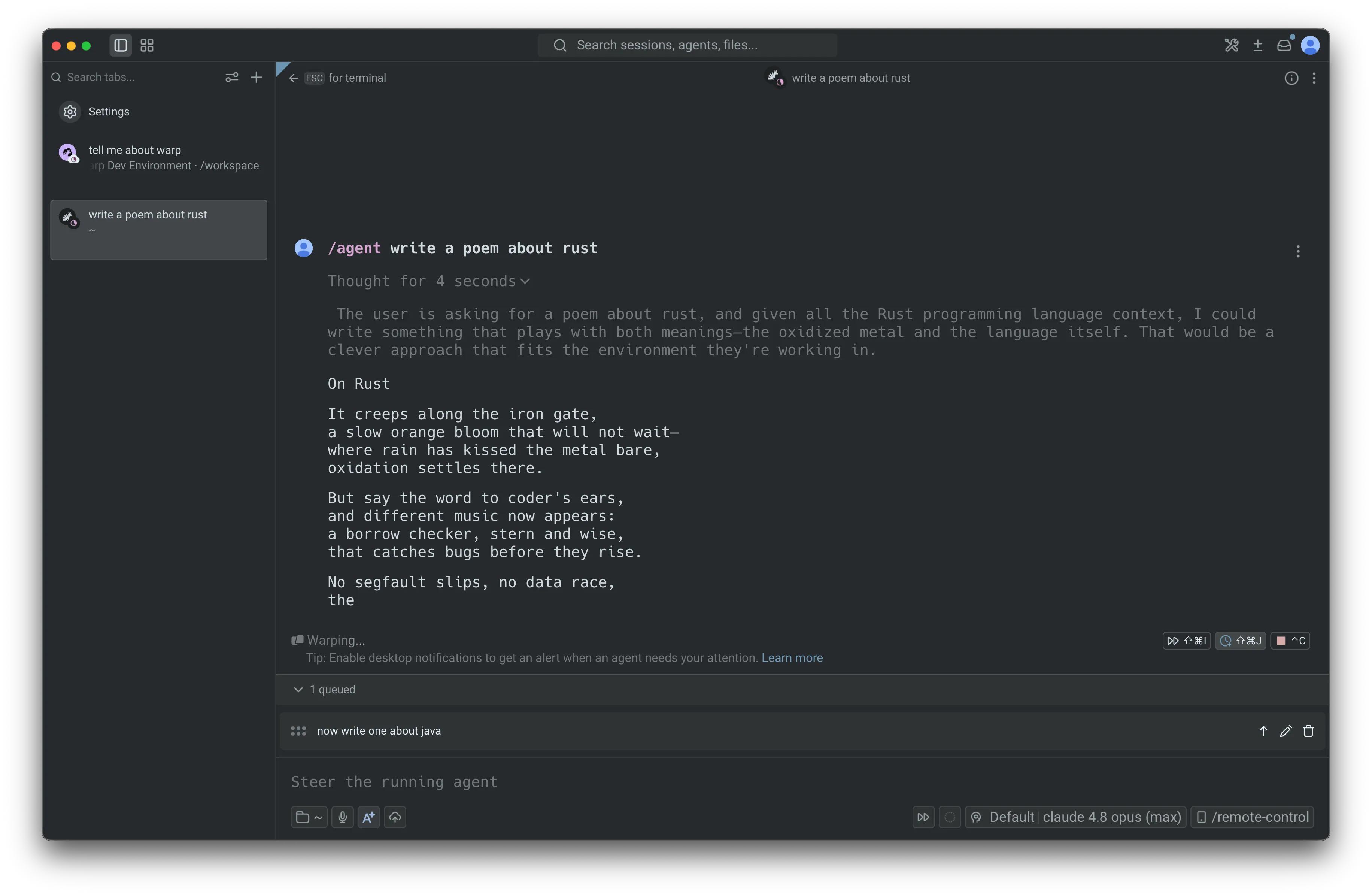 A queued prompt row showing the drag handle on the left and send now, edit, and delete controls on the right.